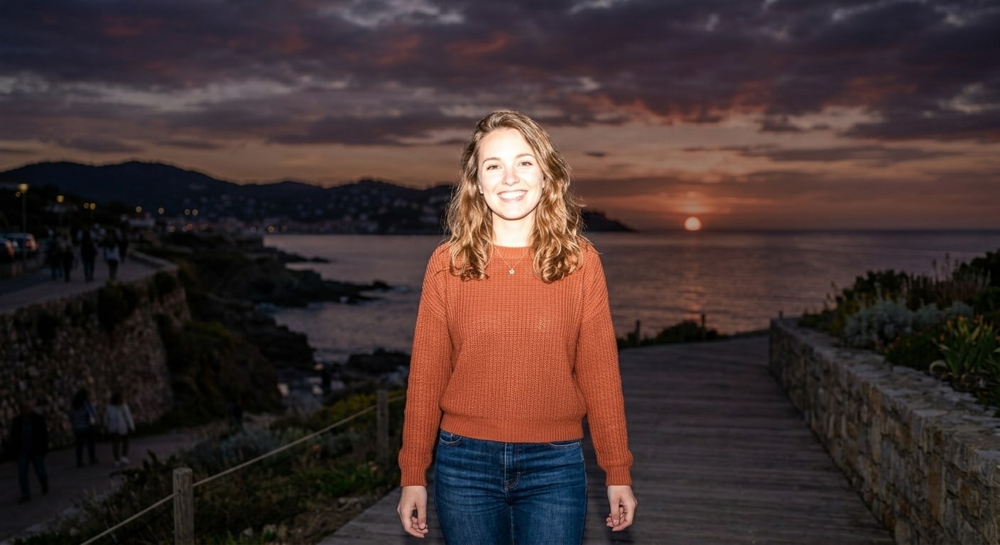 jeune femme devant un coucher de soleil