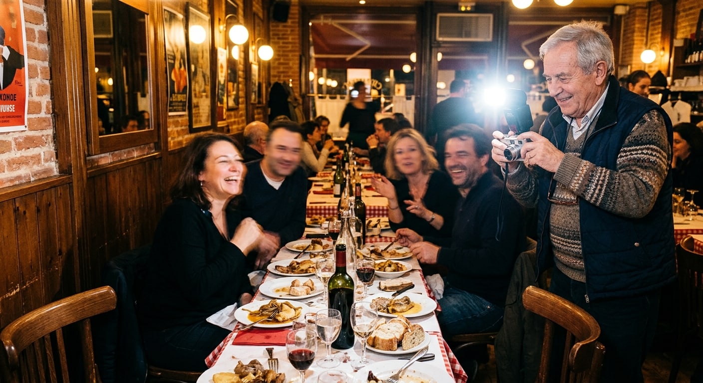 groupe d'amis se photographiant dans un restaurant