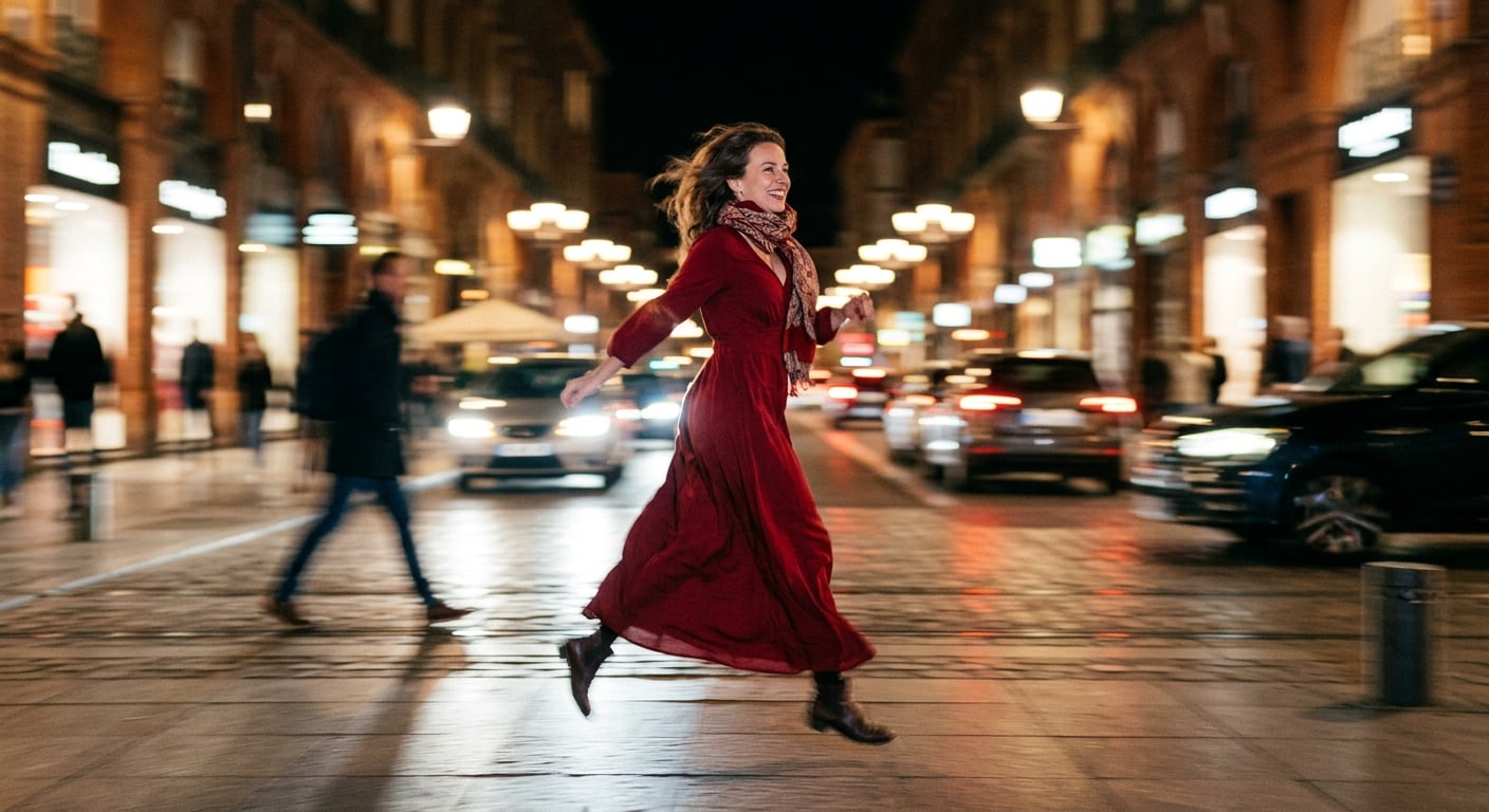 femme courant dans la ruephotographiée avec un flash